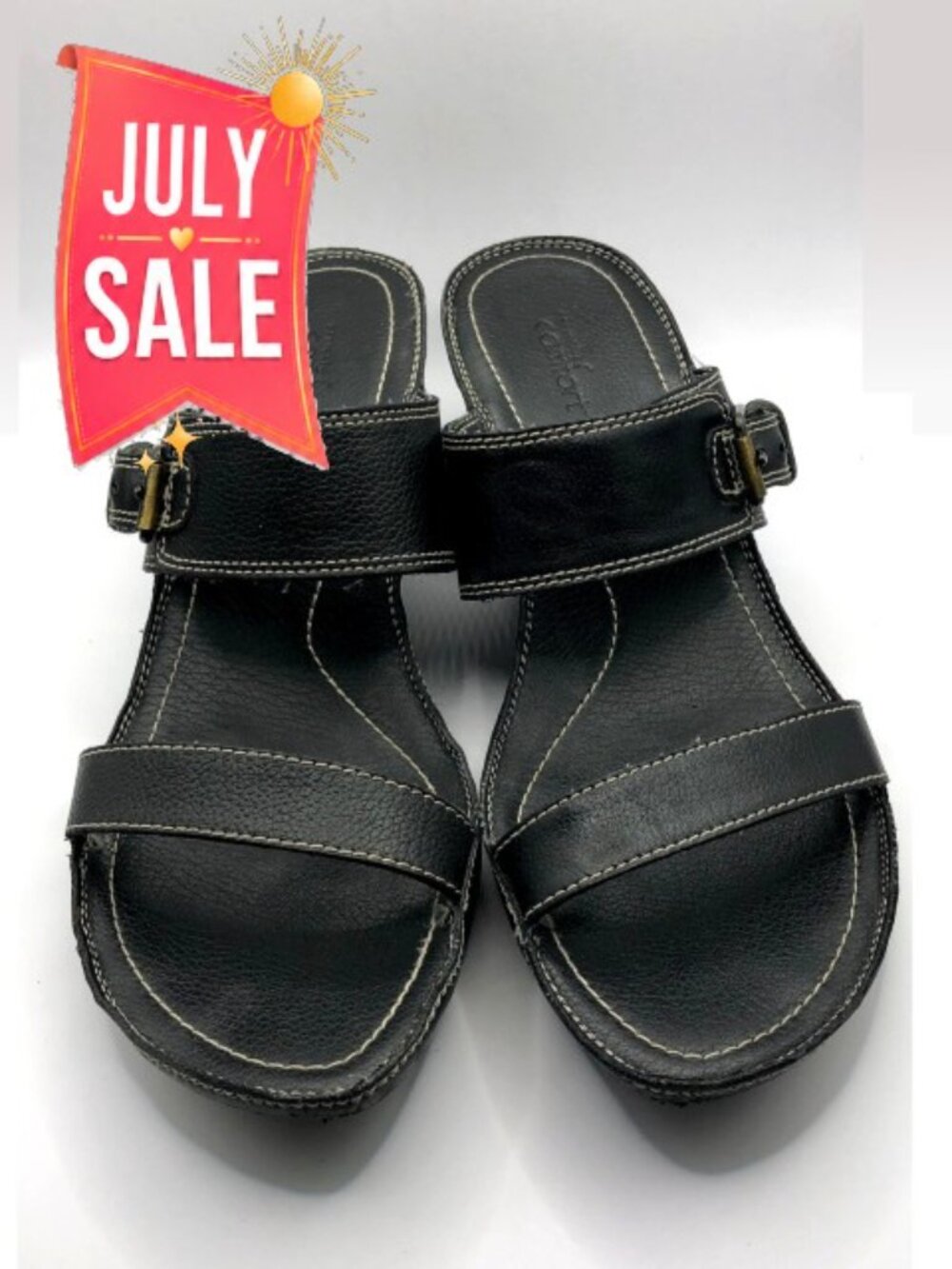Strictly Comfort Black Leather Wedge Slide Sandals Size 8 Contrast Stitching